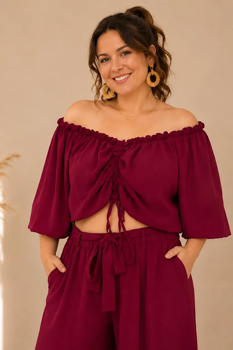 Plus Size Μπορντό Σετ Με Crop Top & Ζιπ Κιλότ 