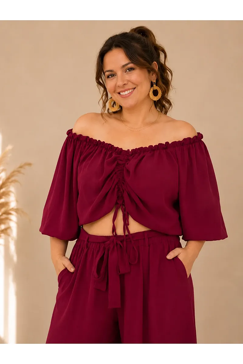 Plus Size Μπορντό Σετ Με Crop Top & Ζιπ Κιλότ 