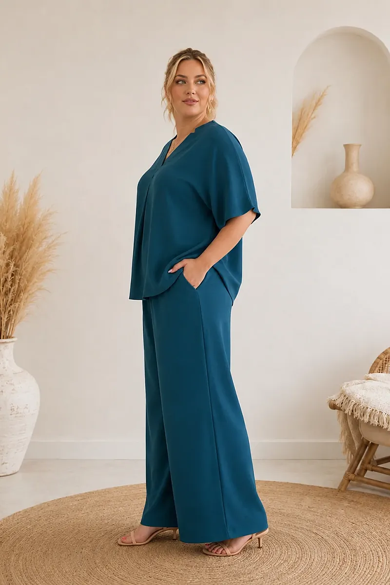 Plus Size Πετρόλ Σετ Μπλούζα & Παντελόνα