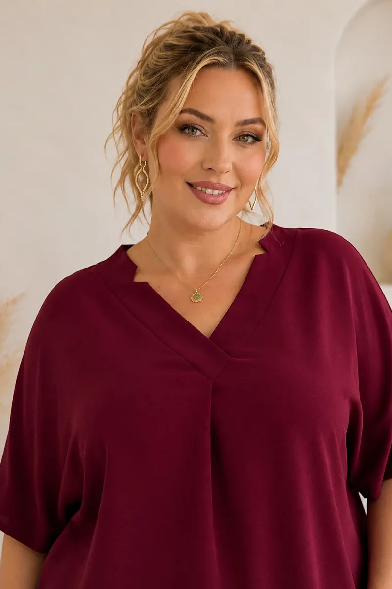 Plus Size Μπορντό Σετ Μπλούζα & Παντελόνα