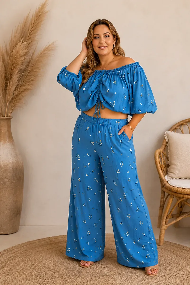 Plus Size Γαλάζιο Σετ Με Crop Top & Παντελόνα