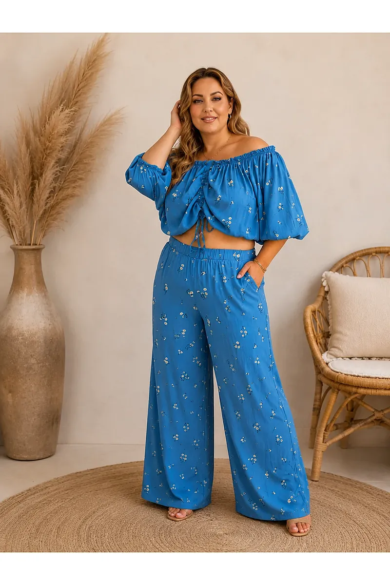 Plus Size Γαλάζιο Σετ Με Crop Top & Παντελόνα