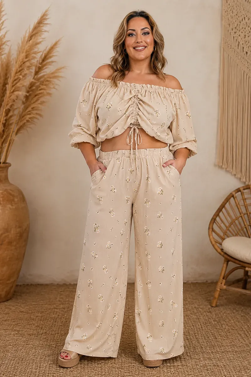 Plus Size Μπεζ Σετ Με Crop Top & Παντελόνα