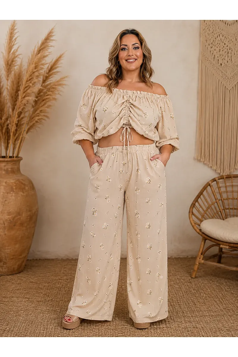 Plus Size Μπεζ Σετ Με Crop Top & Παντελόνα