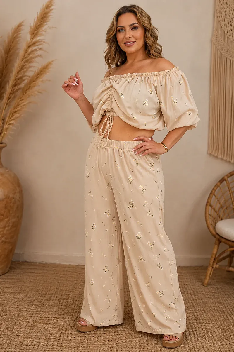 Plus Size Μπεζ Σετ Με Crop Top & Παντελόνα