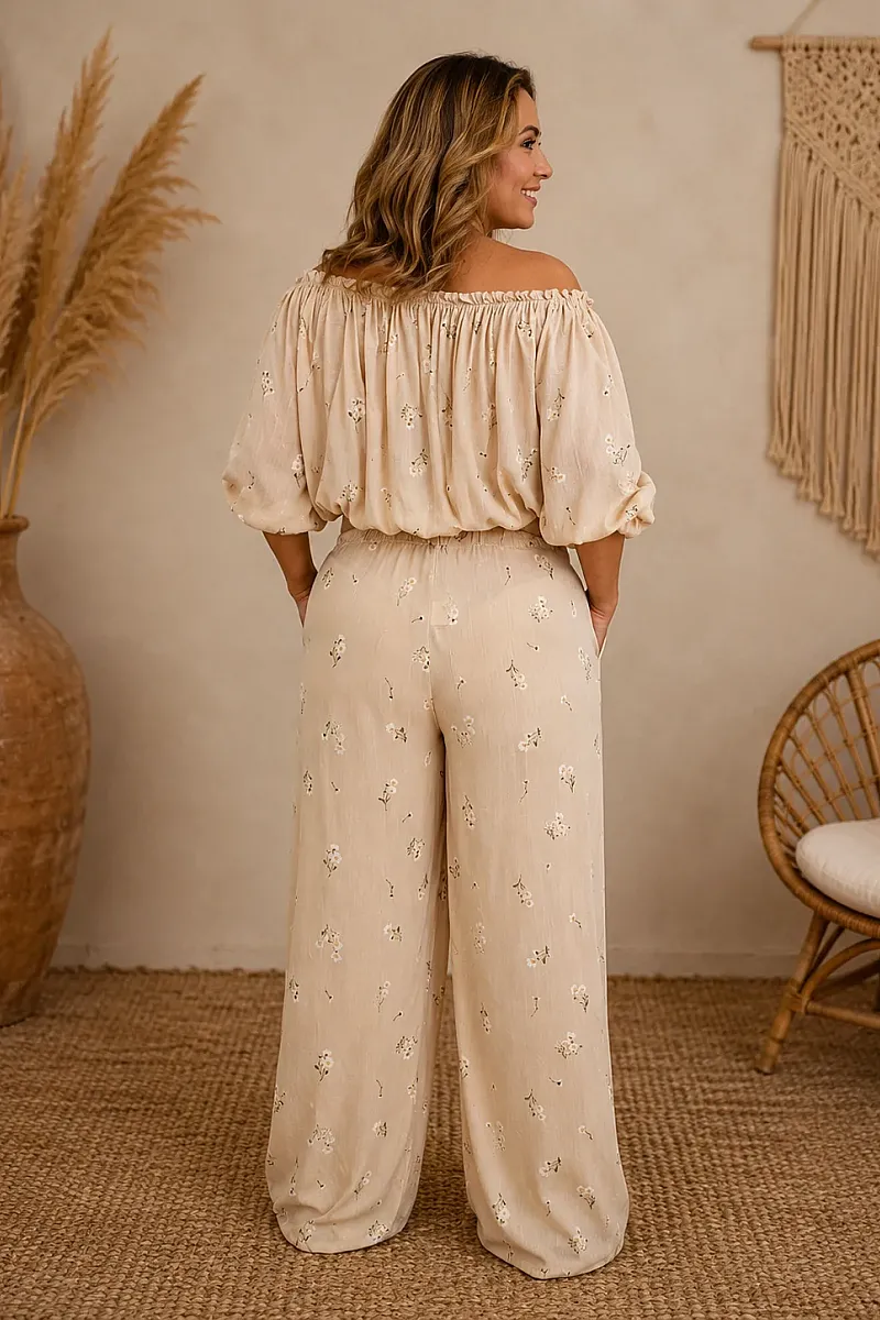 Plus Size Μπεζ Σετ Με Crop Top & Παντελόνα