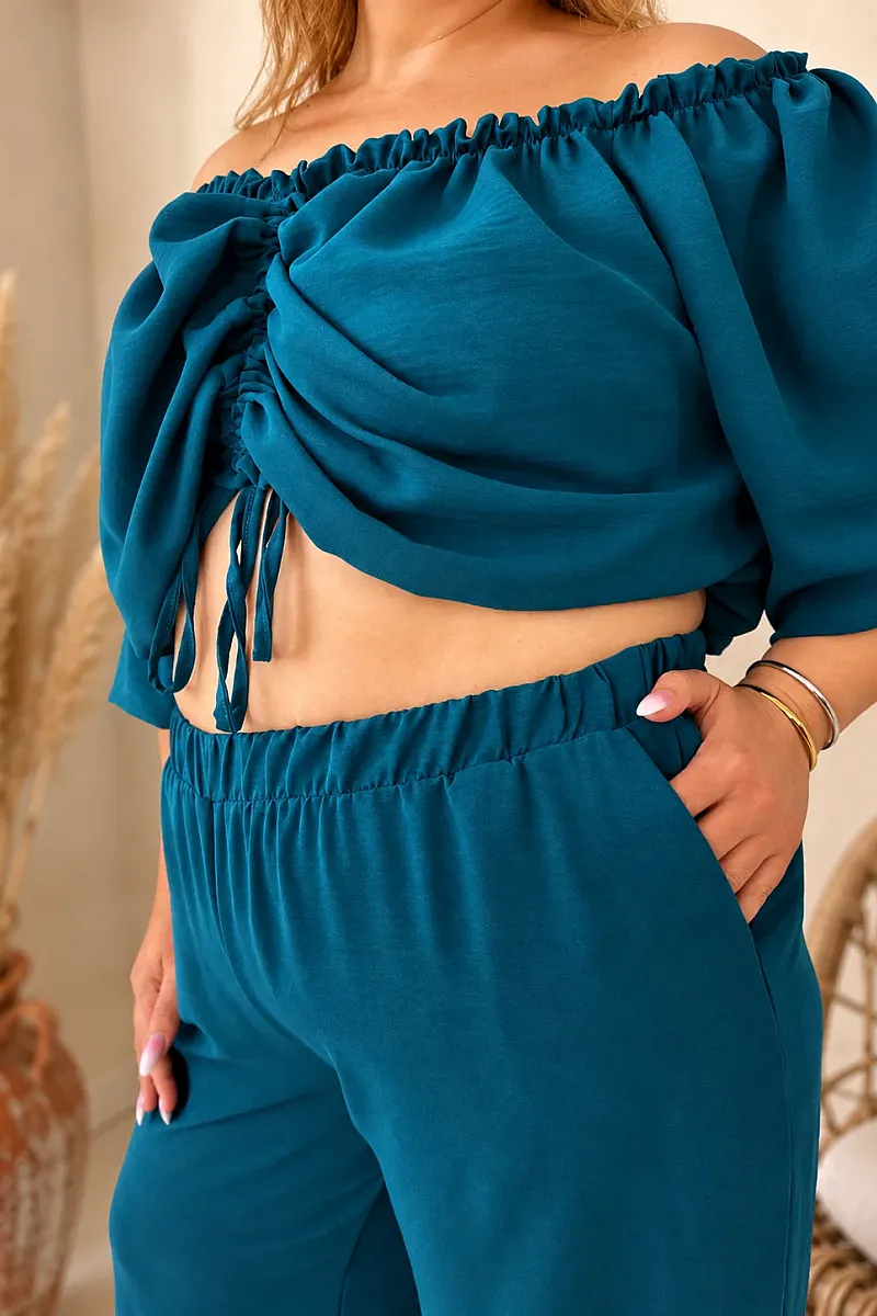Plus Size Πετρόλ Σετ Με Crop Top & Παντελόνα