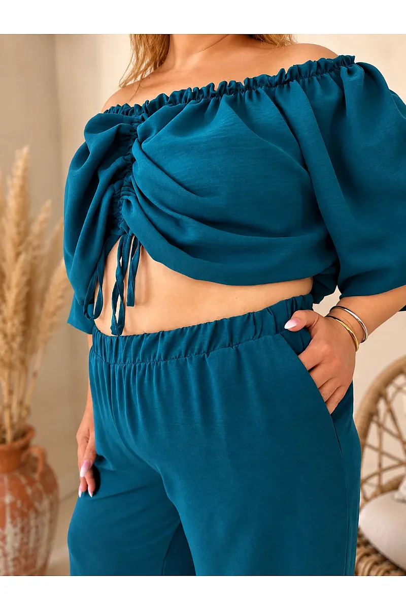 Plus Size Πετρόλ Σετ Με Crop Top & Παντελόνα