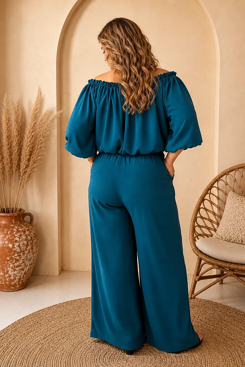 Plus Size Πετρόλ Σετ Με Crop Top & Παντελόνα