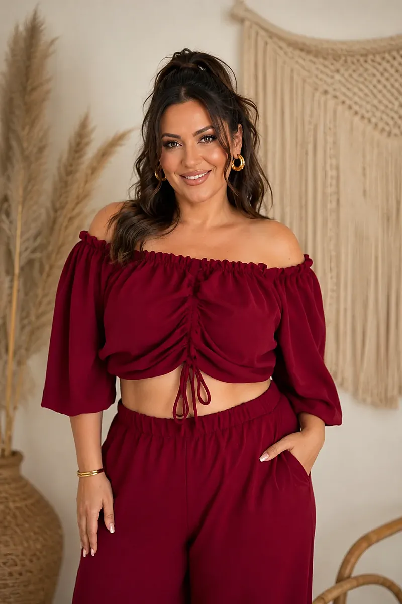 Plus Size Μπορντό Σετ Με Crop Top & Παντελόνα