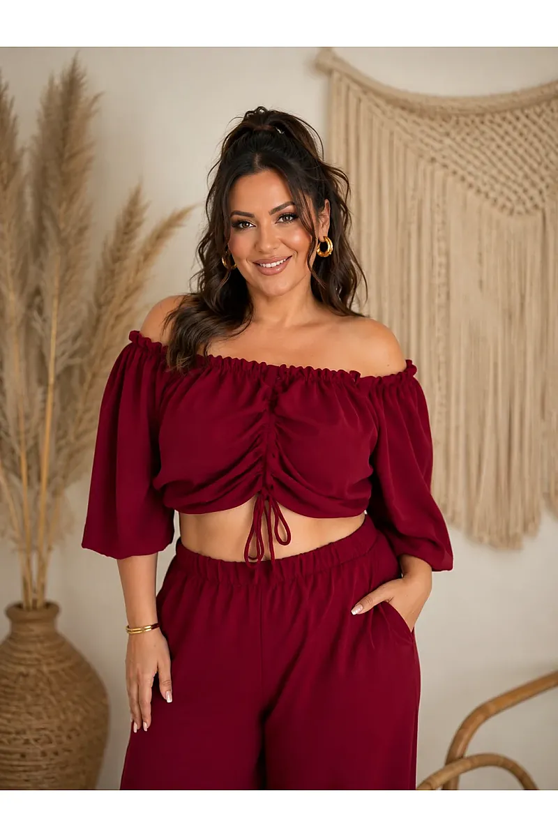 Plus Size Μπορντό Σετ Με Crop Top & Παντελόνα