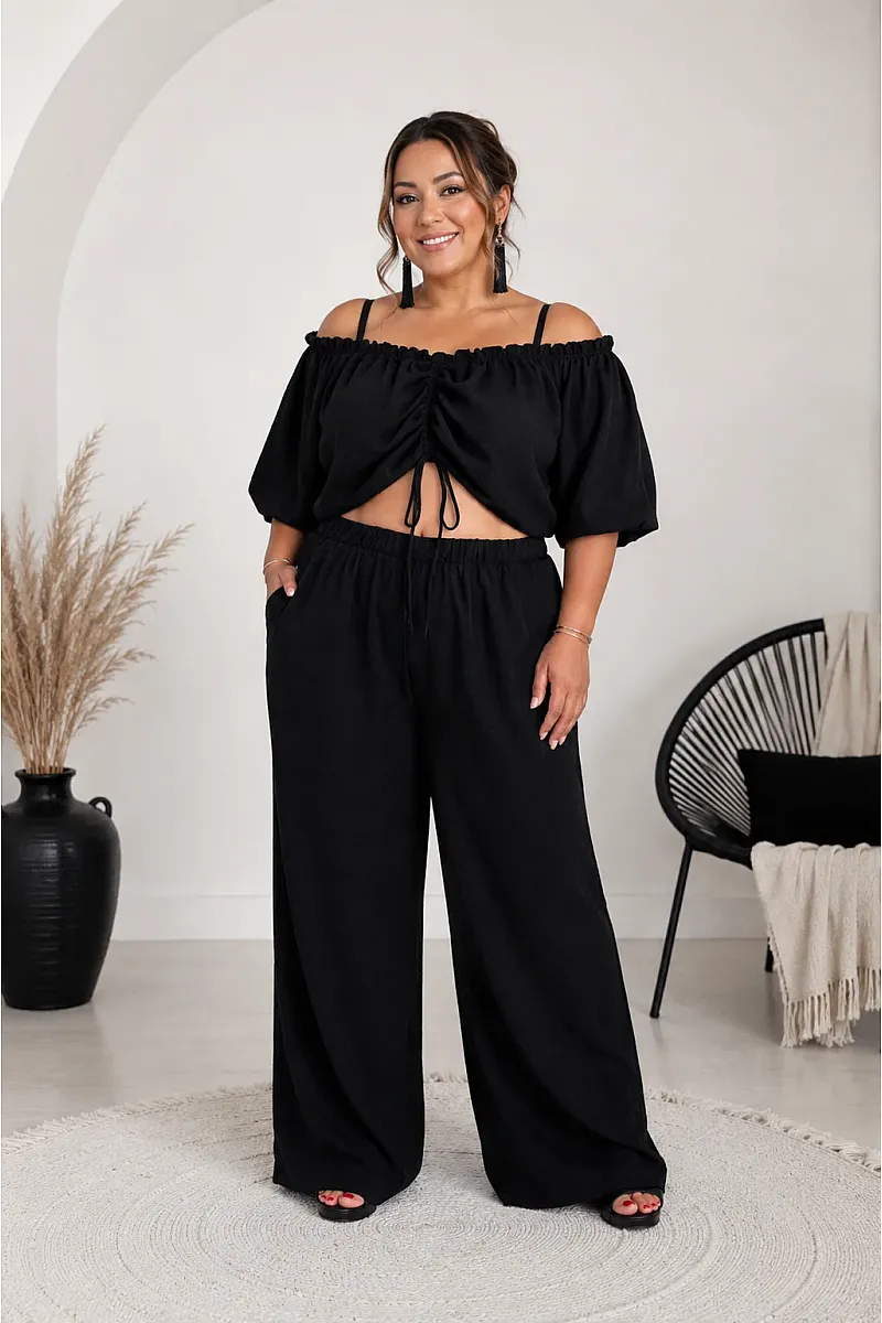 Plus Size Μαύρο Σετ Με Crop Top & Παντελόνα