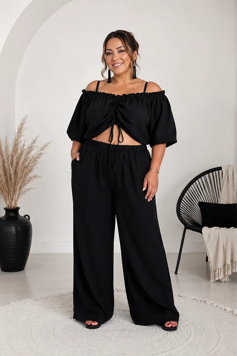 Plus Size Μαύρο Σετ Με Crop Top & Παντελόνα