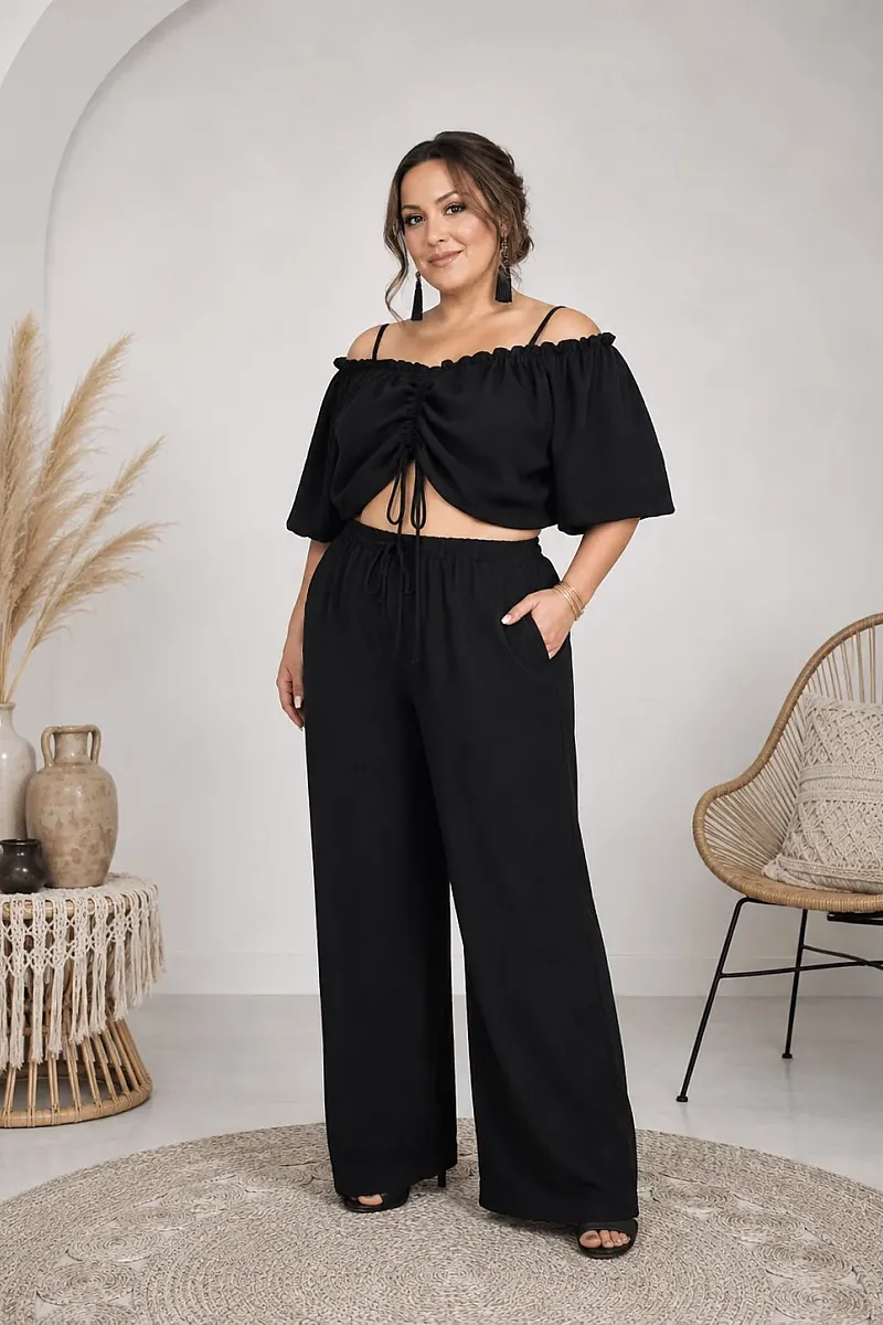 Plus Size Μαύρο Σετ Με Crop Top & Παντελόνα