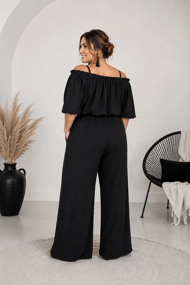 Plus Size Μαύρο Σετ Με Crop Top & Παντελόνα