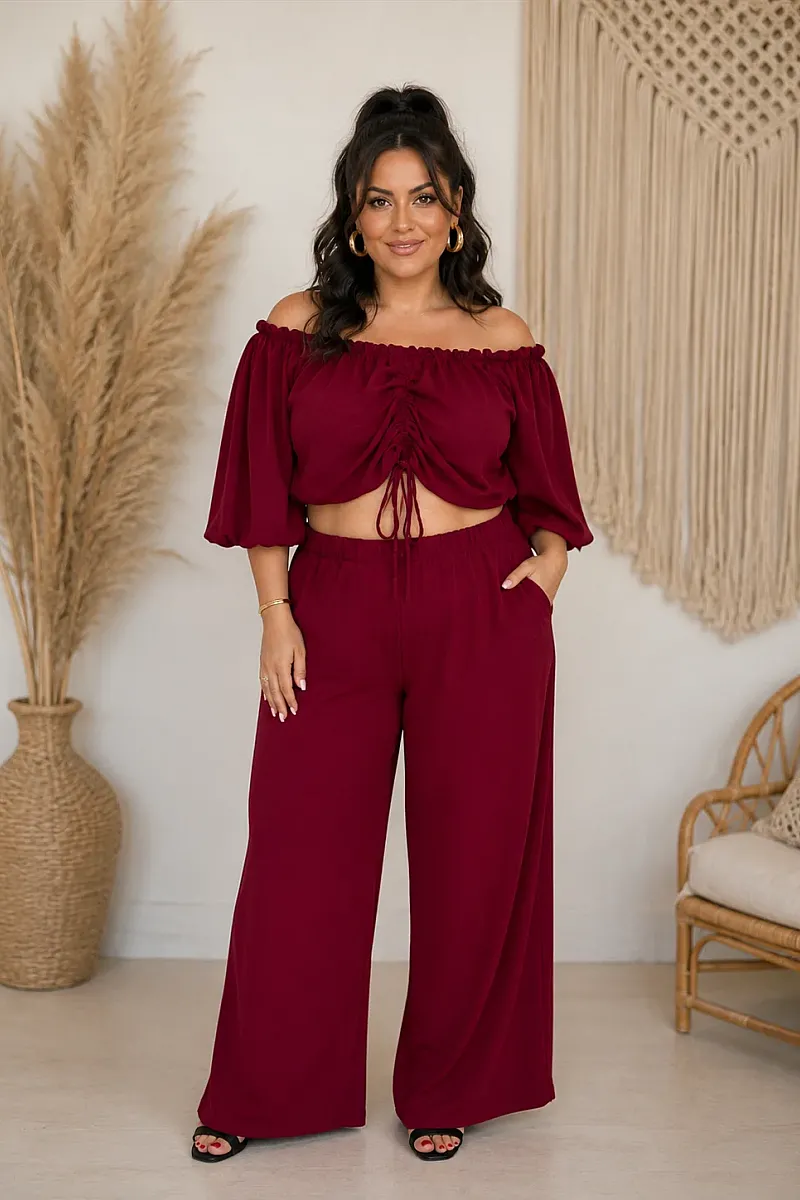 Plus Size Μπορντό Σετ Με Crop Top & Παντελόνα