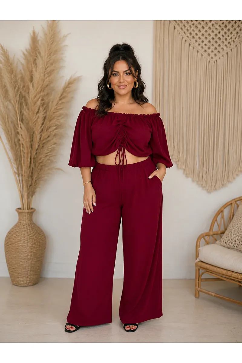 Plus Size Μπορντό Σετ Με Crop Top & Παντελόνα