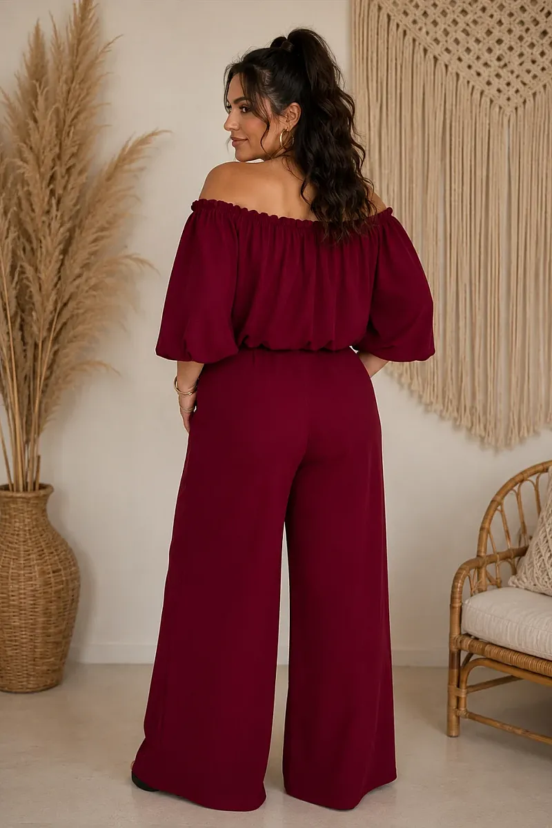 Plus Size Μπορντό Σετ Με Crop Top & Παντελόνα