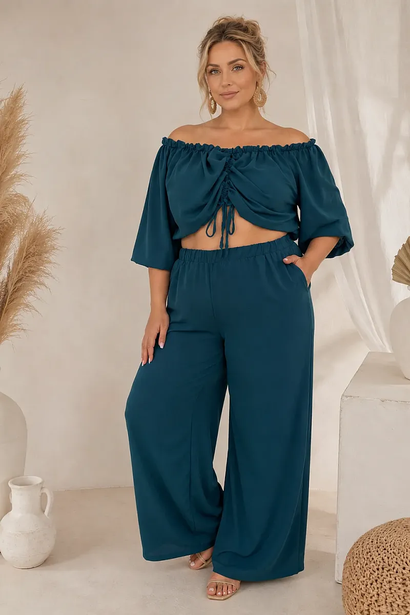 Plus Size Πετρόλ Σετ Με Crop Top & Παντελόνα