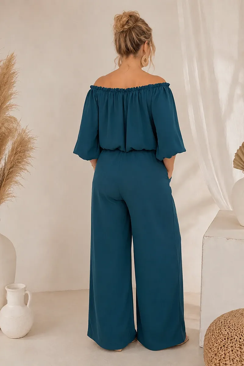 Plus Size Πετρόλ Σετ Με Crop Top & Παντελόνα