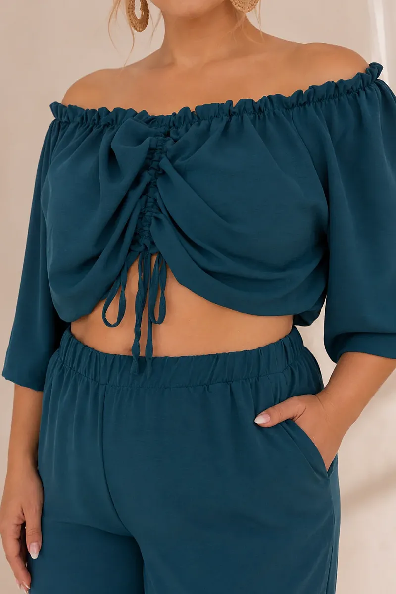 Plus Size Πετρόλ Σετ Με Crop Top & Παντελόνα