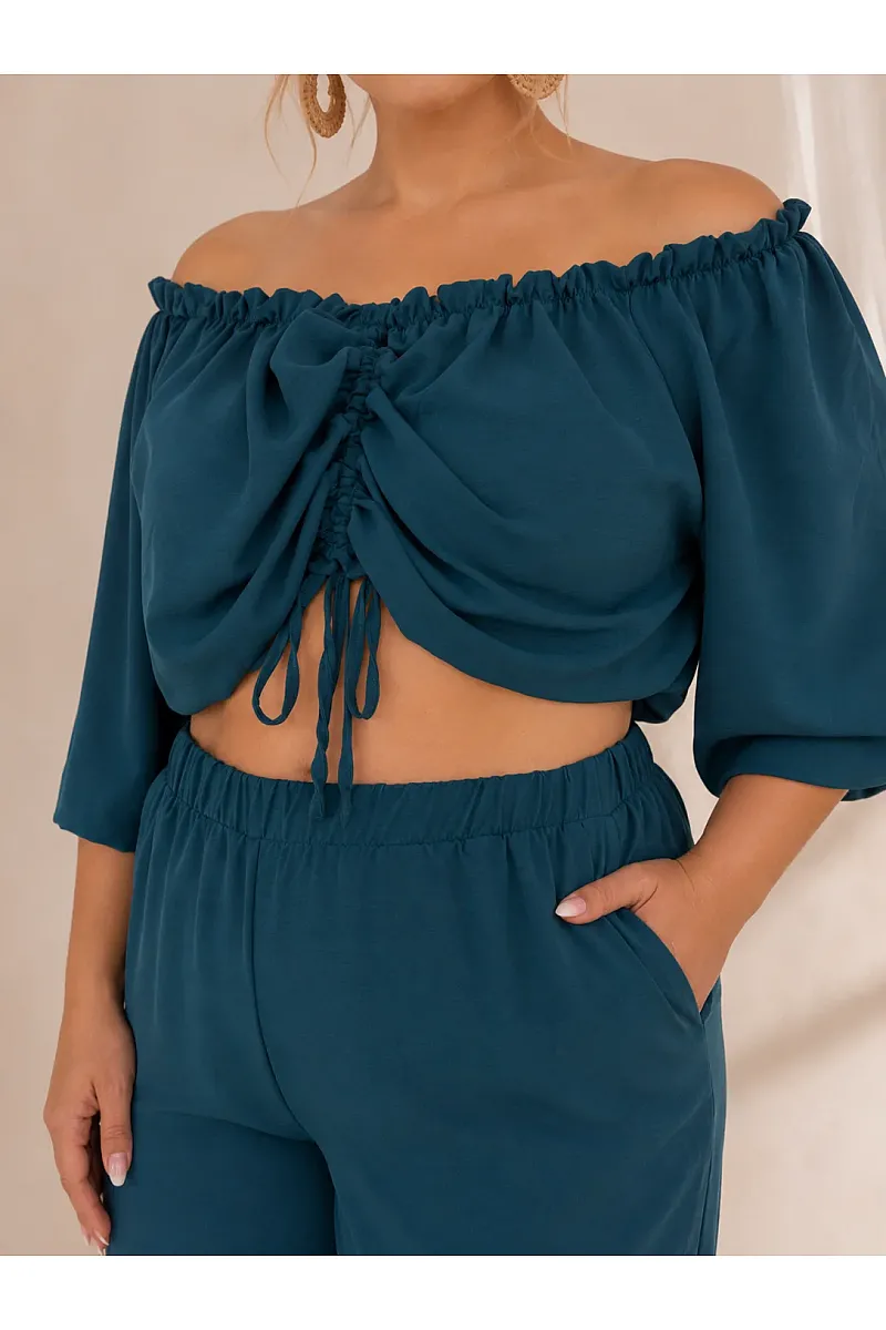 Plus Size Πετρόλ Σετ Με Crop Top & Παντελόνα