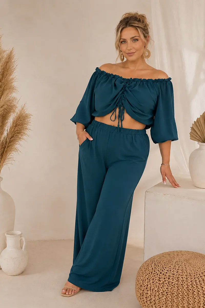 Plus Size Πετρόλ Σετ Με Crop Top & Παντελόνα