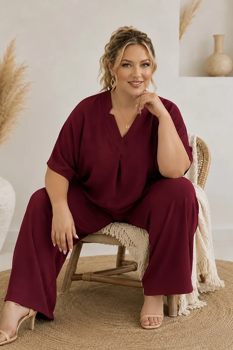 Plus Size Μπορντό Σετ Μπλούζα & Παντελόνα