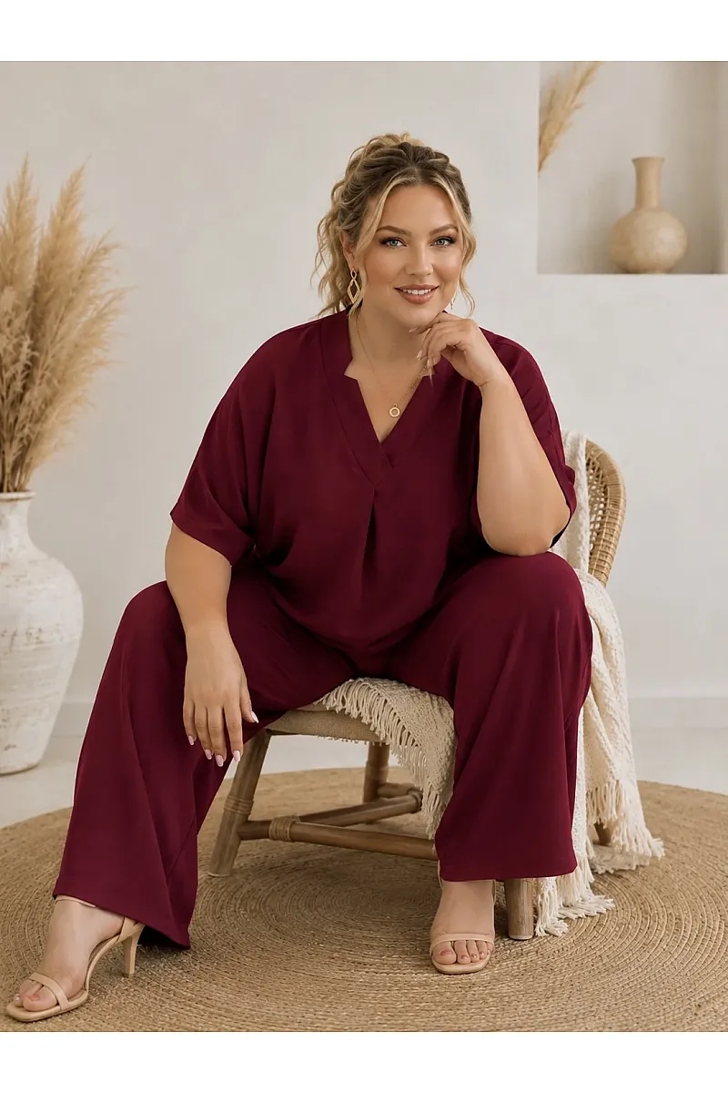 Plus Size Μπορντό Σετ Μπλούζα & Παντελόνα