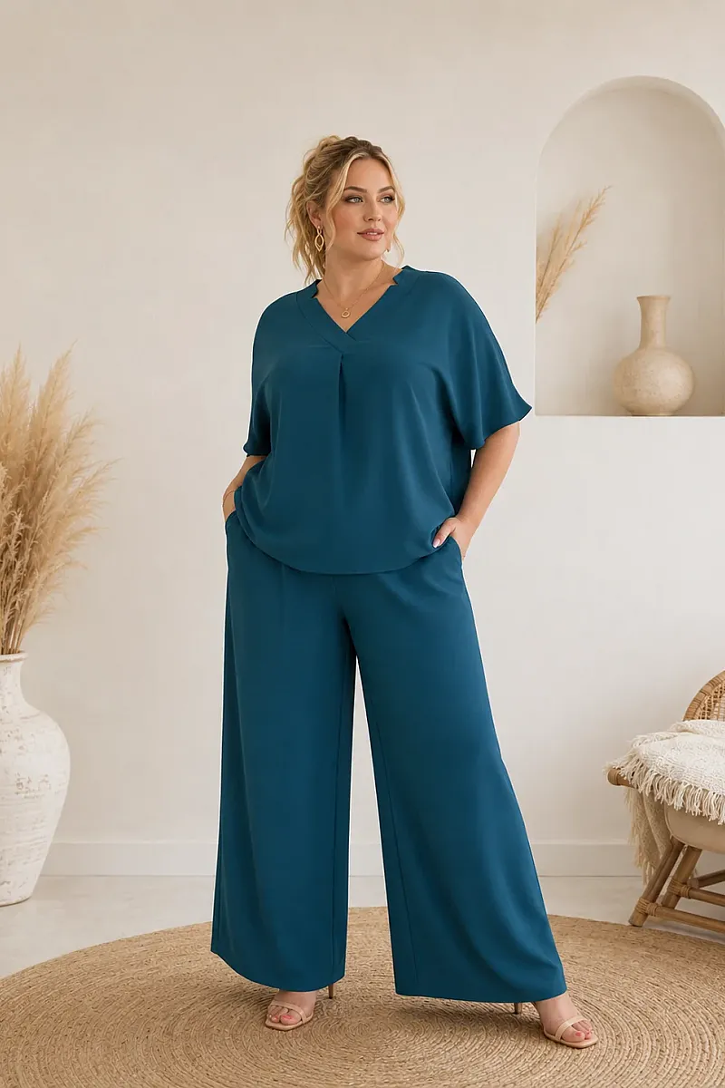 Plus Size Πετρόλ Σετ Μπλούζα & Παντελόνα