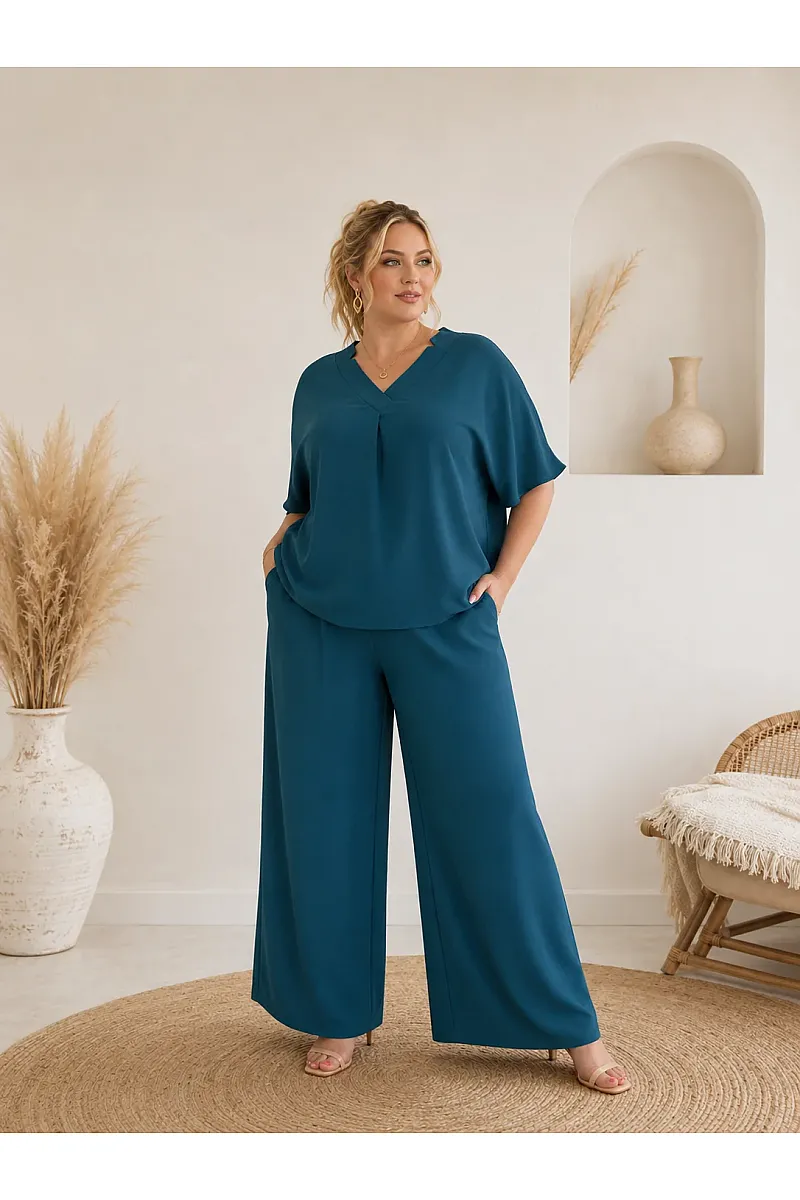 Plus Size Πετρόλ Σετ Μπλούζα & Παντελόνα