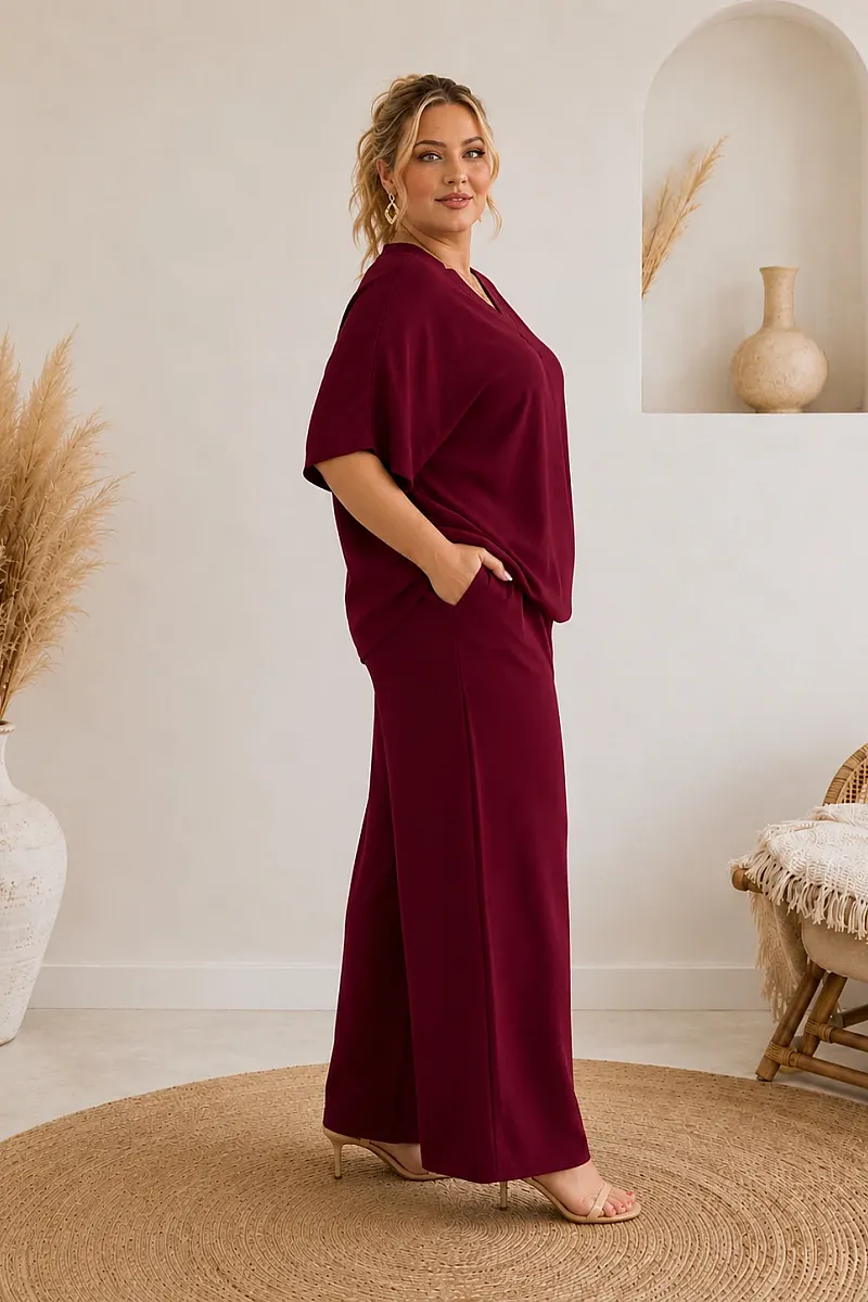 Plus Size Μπορντό Σετ Μπλούζα & Παντελόνα