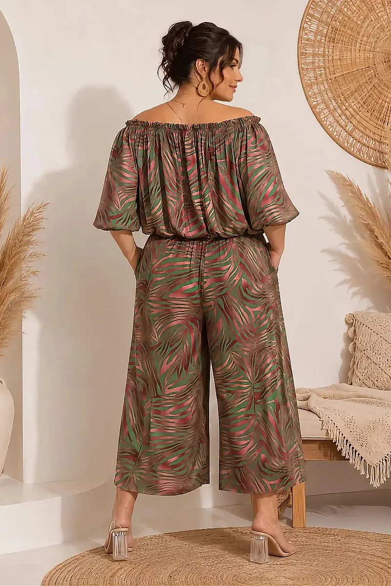 Plus Size Boho Σετ Με Crop Top & Ζιπ Κιλότ 