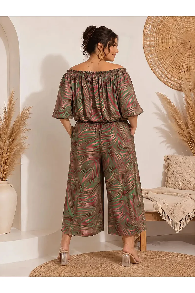 Plus Size Boho Σετ Με Crop Top & Ζιπ Κιλότ 