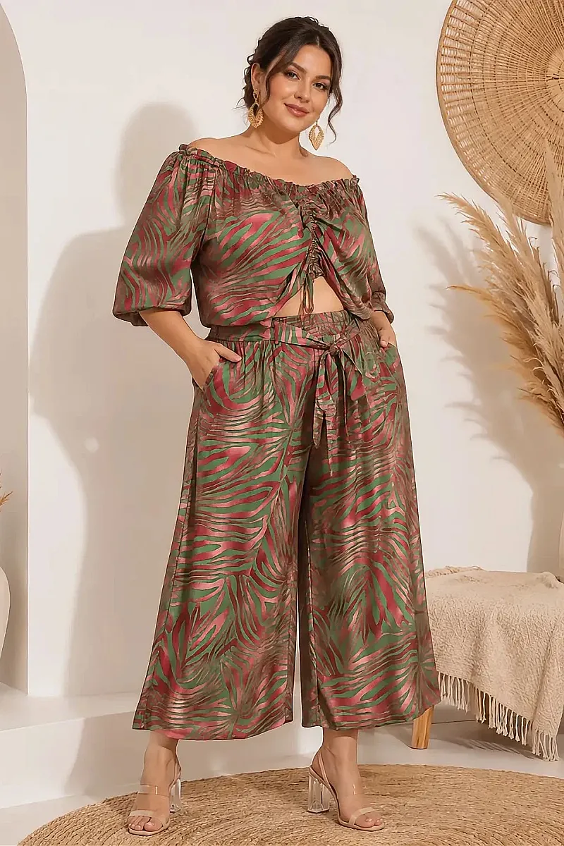 Plus Size Boho Σετ Με Crop Top & Ζιπ Κιλότ 