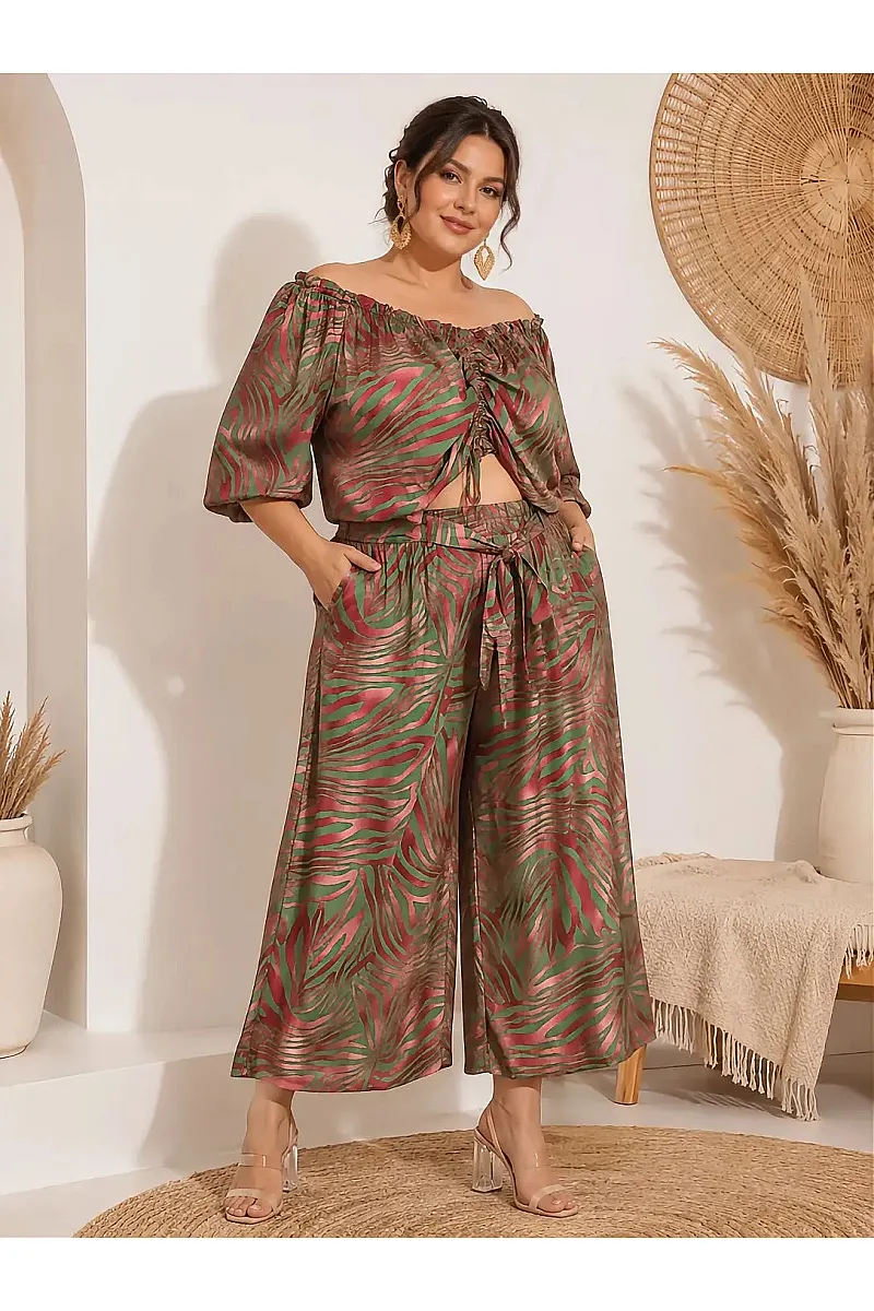 Plus Size Boho Σετ Με Crop Top & Ζιπ Κιλότ 