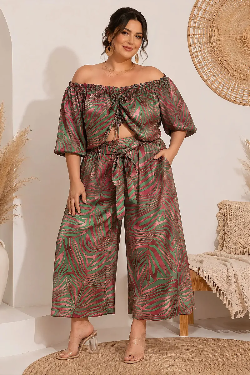 Plus Size Boho Σετ Με Crop Top & Ζιπ Κιλότ 