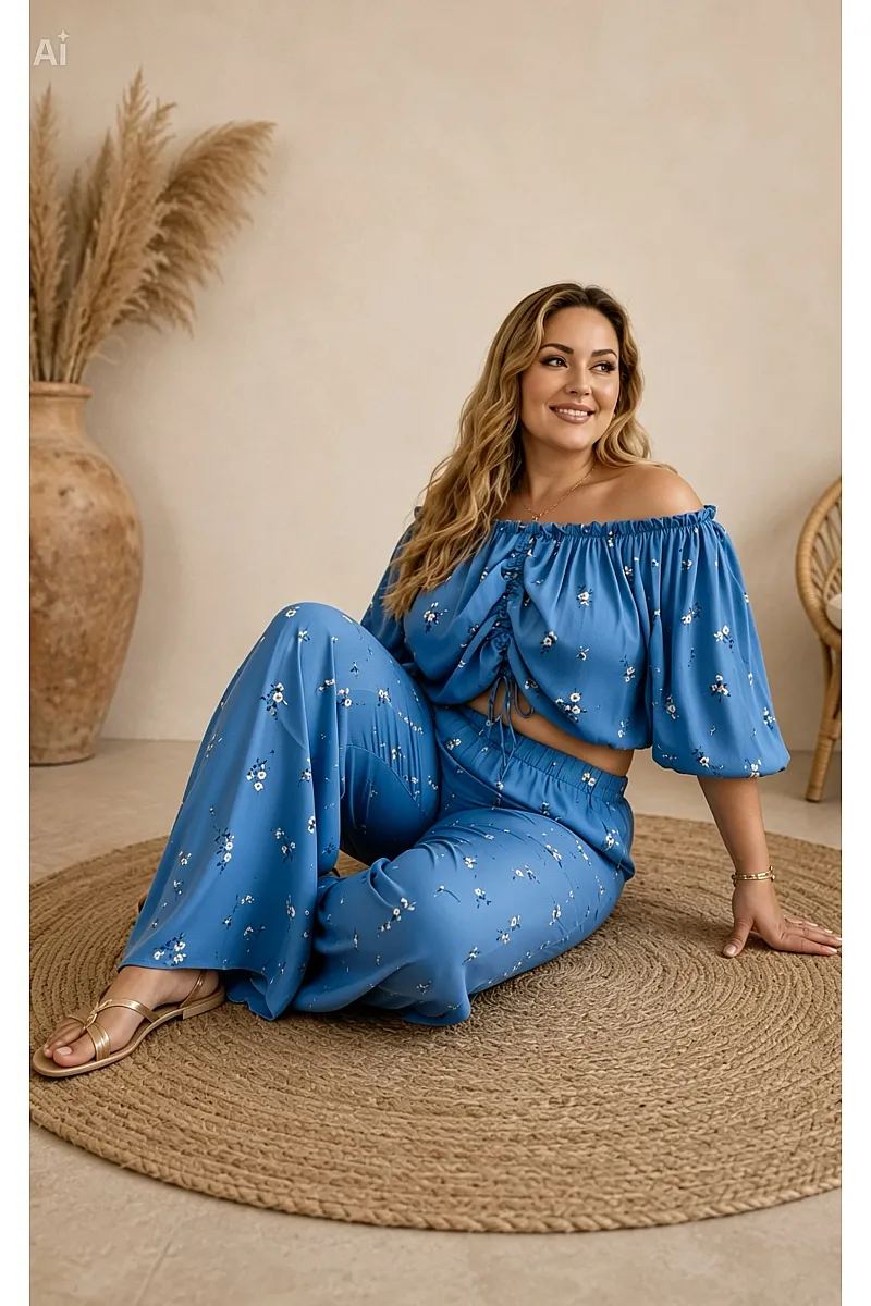 Plus Size Γαλάζιο Σετ Με Crop Top & Παντελόνα