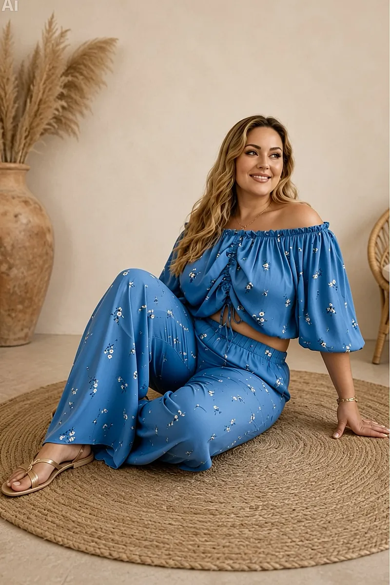 Plus Size Γαλάζιο Σετ Με Crop Top & Παντελόνα