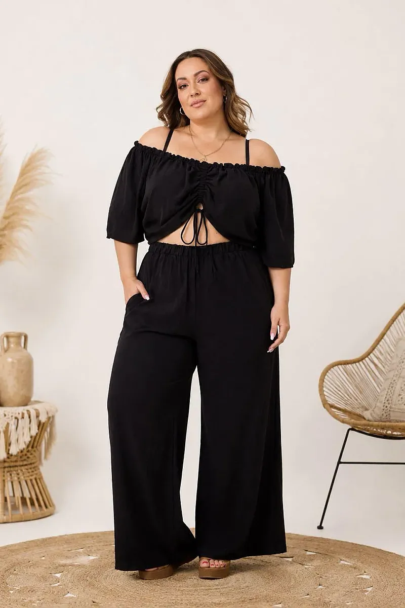 Plus Size Μαύρο Σετ Με Crop Top & Παντελόνα