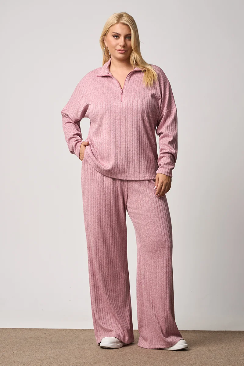 Σετ Φόρμας Πλεκτό Ριπ Με Φερμουάρ Ροζ 