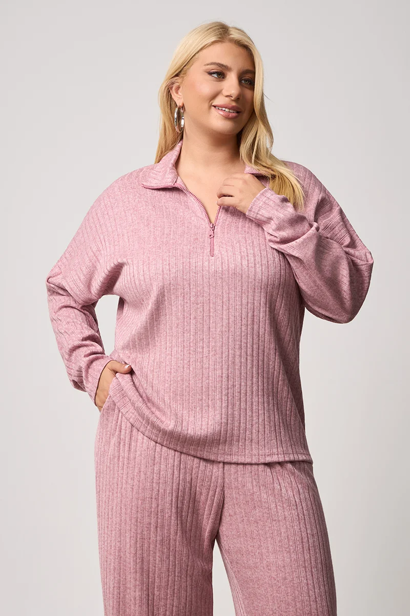 Σετ Φόρμας Πλεκτό Ριπ Με Φερμουάρ Ροζ 