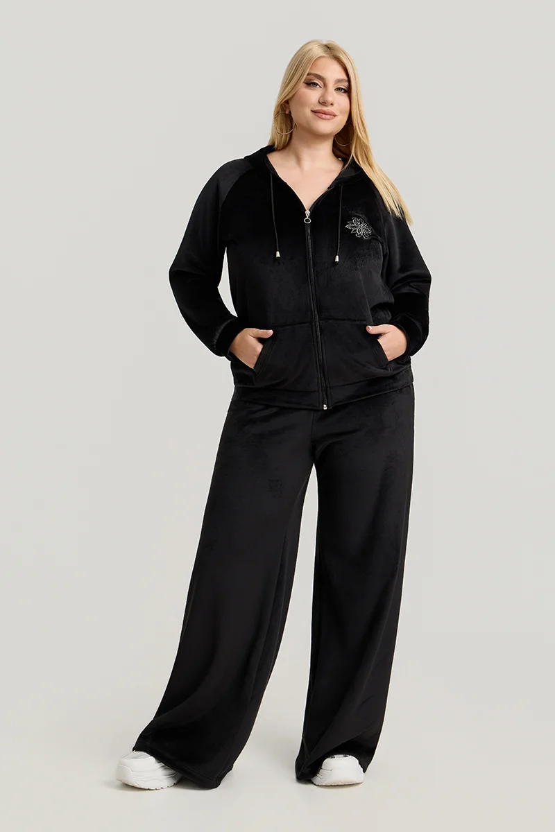 Σετ Φόρμας Βελουτέ Plus Size με Στρας & Φερμουάρ