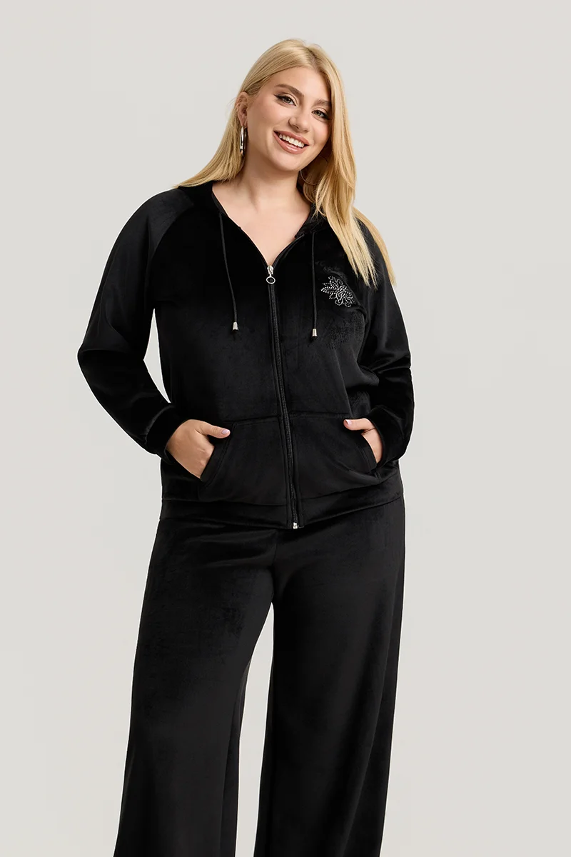 Σετ Φόρμας Βελουτέ Plus Size με Στρας & Φερμουάρ