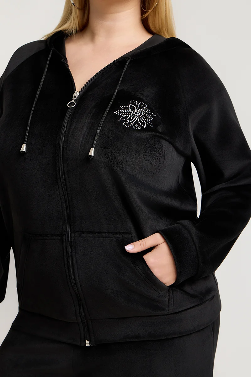 Σετ Φόρμας Βελουτέ Plus Size με Στρας & Φερμουάρ