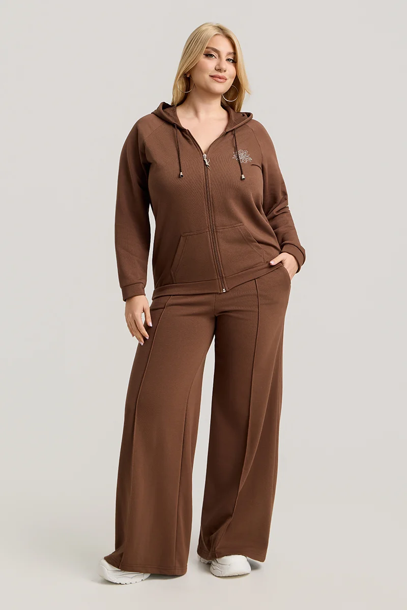Καφέ Σετ Φόρμας Φούτερ Plus Size με Στρας & Φερμουάρ