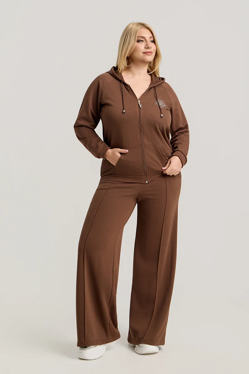Καφέ Σετ Φόρμας Φούτερ Plus Size με Στρας & Φερμουάρ