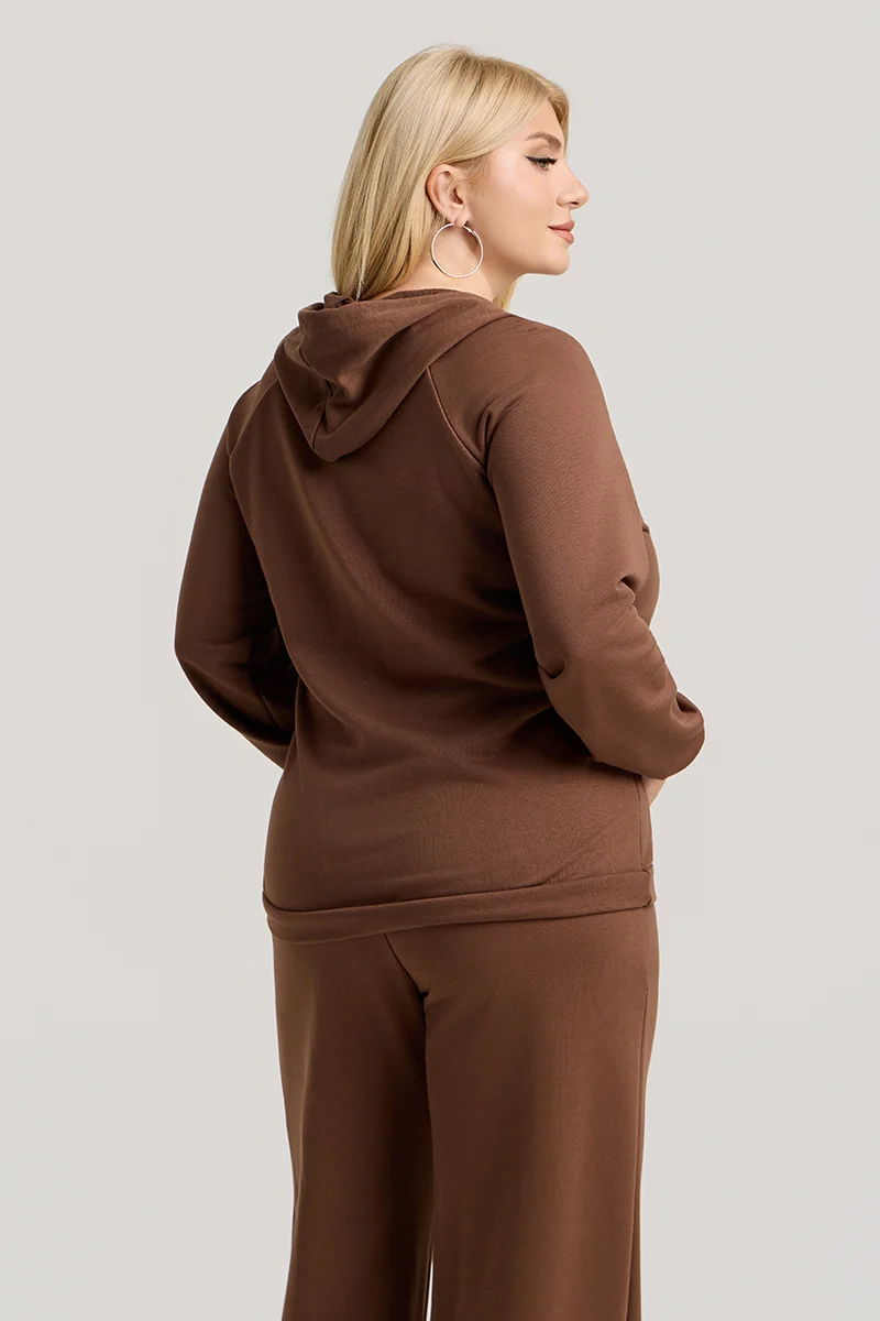 Καφέ Σετ Φόρμας Φούτερ Plus Size με Στρας & Φερμουάρ