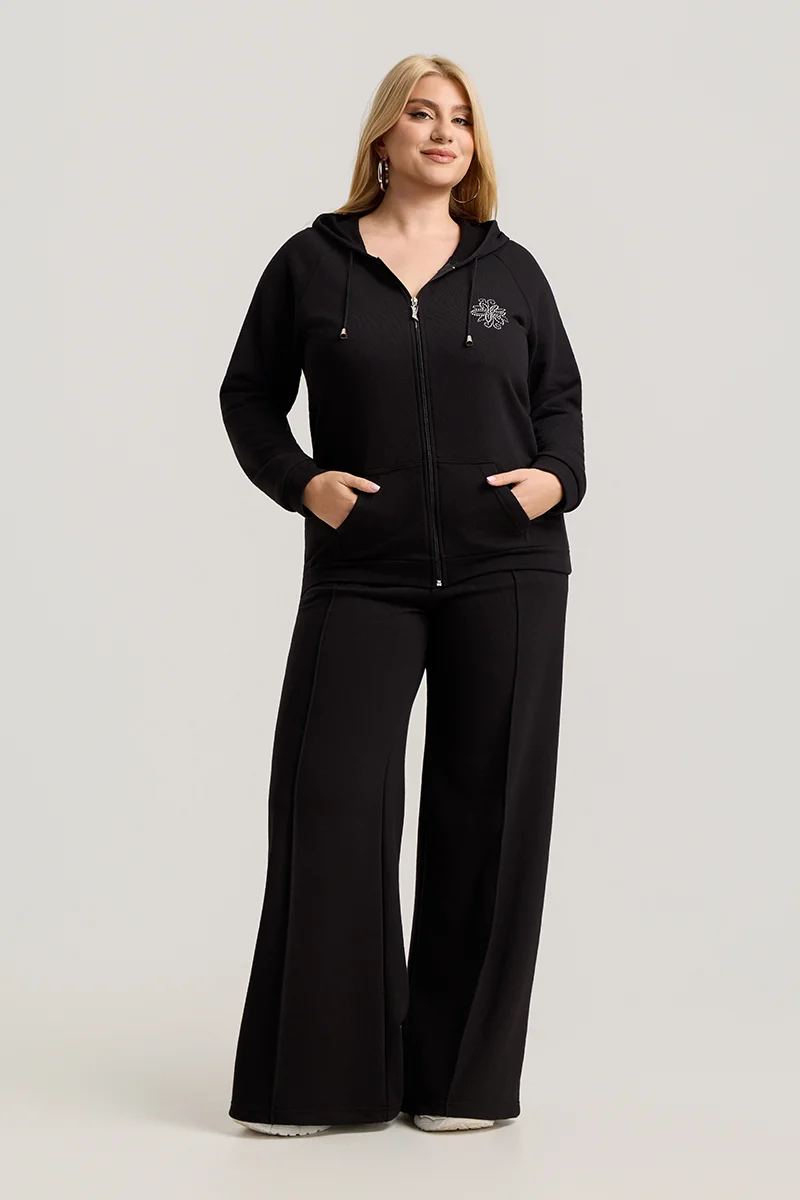 Μαύρο Σετ Φόρμας Φούτερ Plus Size με Στρας & Φερμουάρ