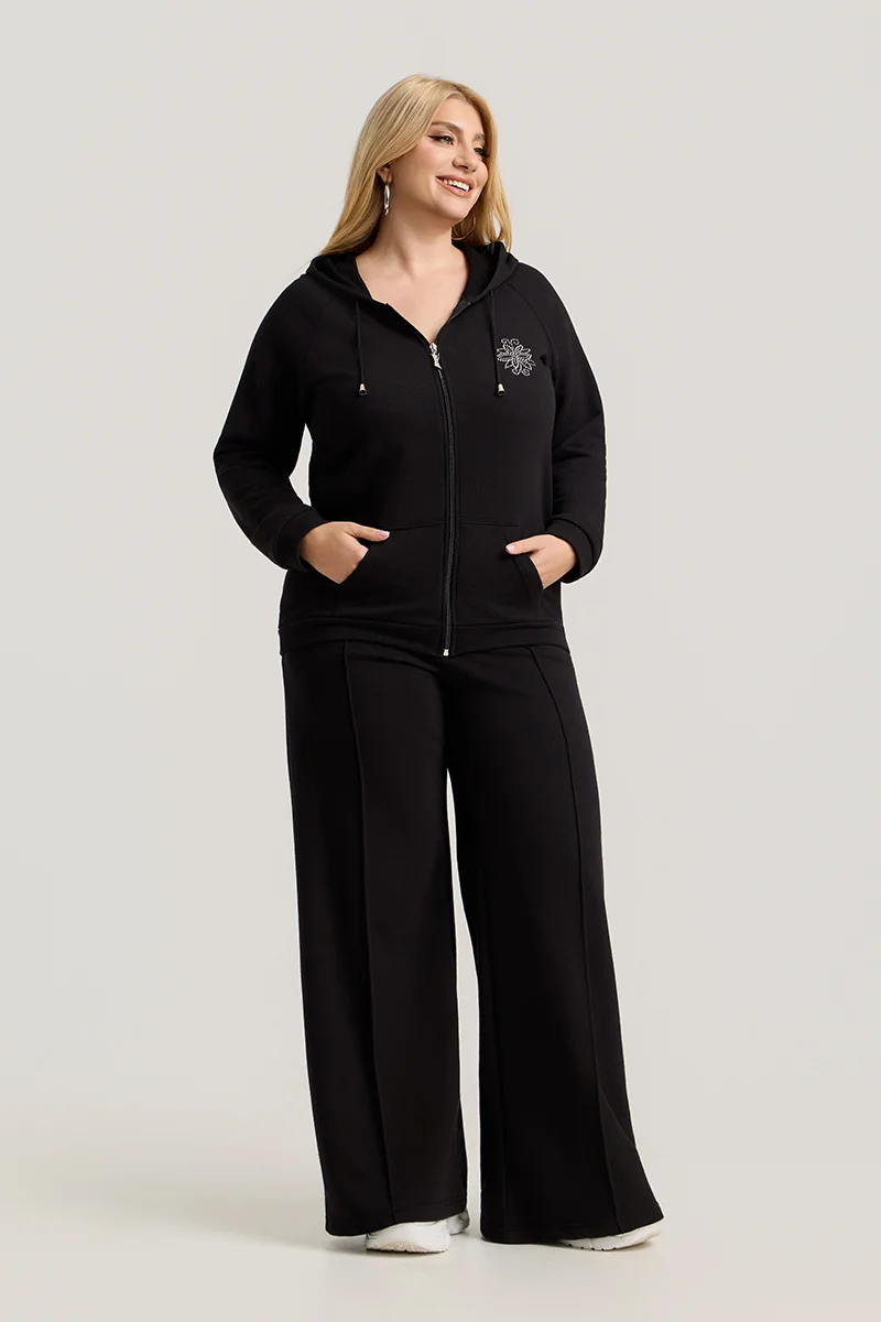 Μαύρο Σετ Φόρμας Φούτερ Plus Size με Στρας & Φερμουάρ
